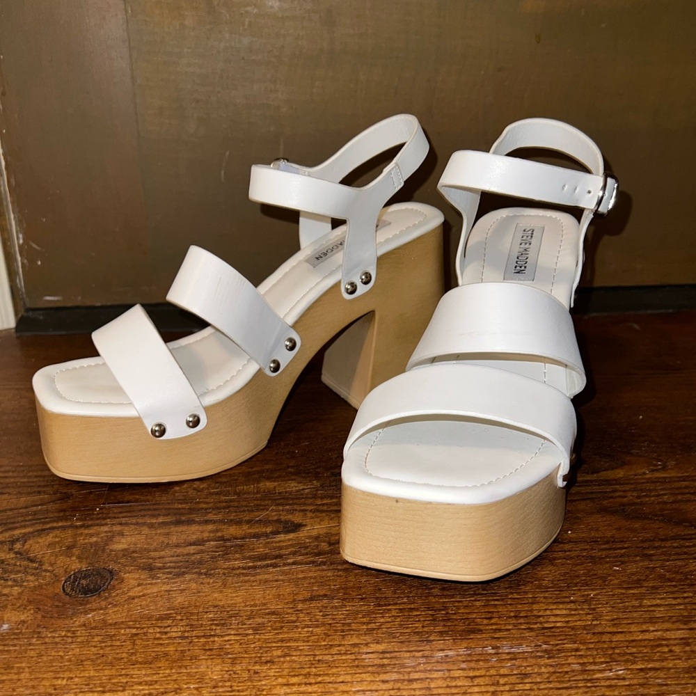 Steve Madden Gladiator White Strap Tan Platform Clog Heel Sandals Size 10 - Picture 2 of 14